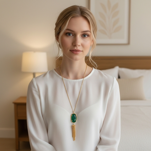 Kendra Scott Rayne Necklace in Green Malachite Illusion 32" Length EUC - Picture 2 of 9